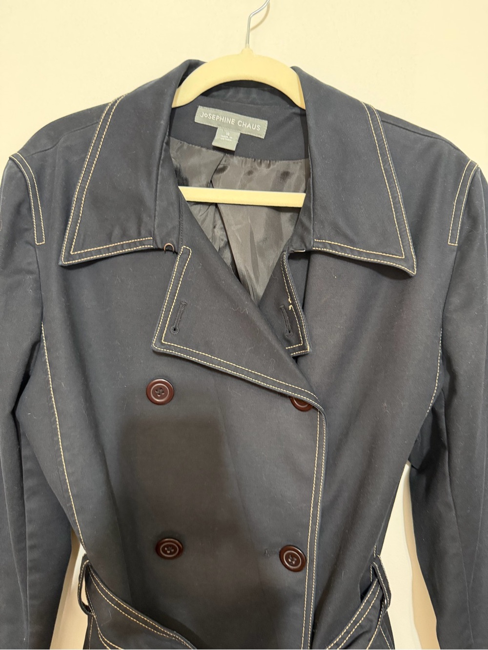 Josephine Chaus Navy Blue Belted Trench Jacket Size 16 Contrast Stitch - Picture 6 of 12